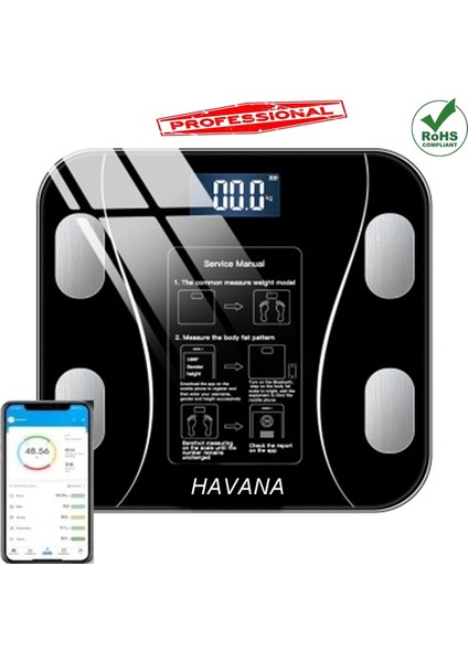 Dijital Tartı Baskül Yağ Su Kas Vücut Kitle Endeksi Kilo Ölçer Tartı Siyah LED Panel