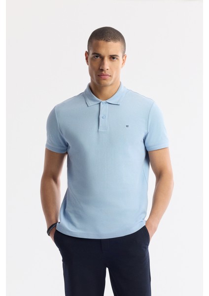 Erkek Mavi Kıvrılmaz Polo Yaka %100 Pamuk Basic Regular Fit T-Shirt B001032