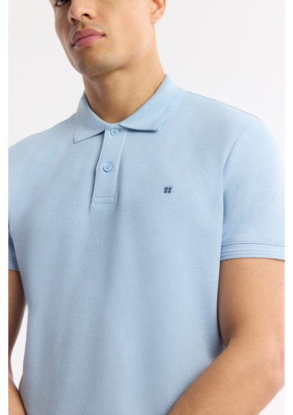 Erkek Mavi Kıvrılmaz Polo Yaka %100 Pamuk Basic Regular Fit T-Shirt B001032