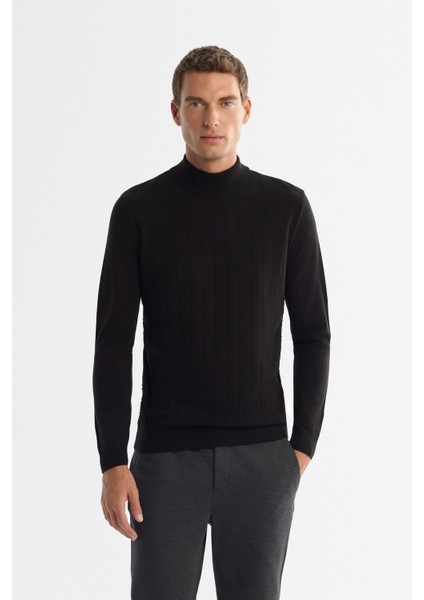 Erkek Siyah Yarım Balıkçı Yaka Dokulu Basic Kazak E005108