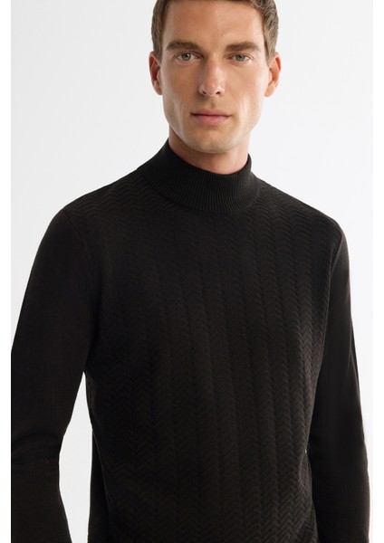 Erkek Siyah Yarım Balıkçı Yaka Dokulu Basic Kazak E005108