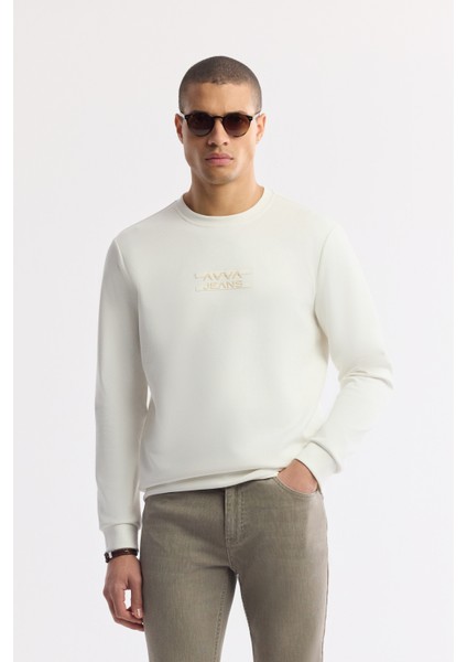 Erkek Ekru Bisiklet Yaka Baskılı Bi-Stretch İnterlok Regular Fit Sweatshirt A51Y1204