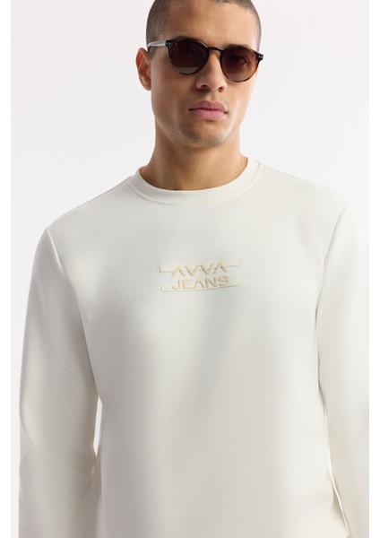 Erkek Ekru Bisiklet Yaka Baskılı Bi-Stretch İnterlok Regular Fit Sweatshirt A51Y1204