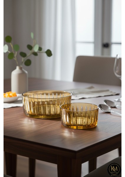 Kesme Kristal Dekor 2'li Amber Sofra Sunum Kasesi