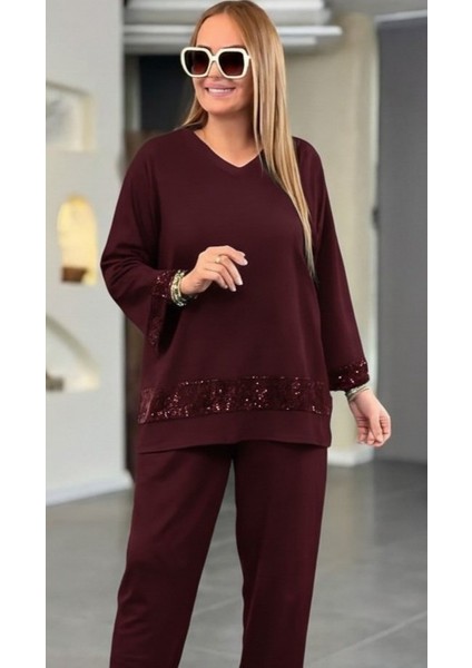 Kadın Uzun Kollu V Yakalı Pulpayet Viskon Iki Iplik Bluz ve Pantolon Takım fiyatları