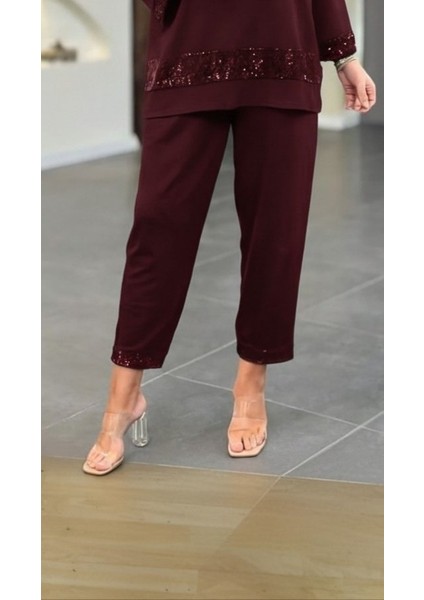 Kadın Uzun Kollu V Yakalı Pulpayet Viskon Iki Iplik Bluz ve Pantolon Takım modelleri