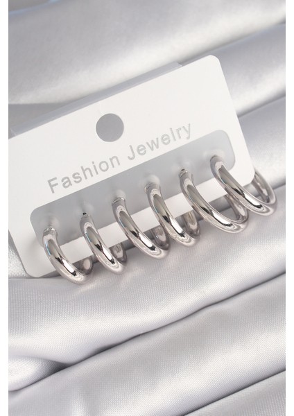 Pirinç Gümüş Renk Halka Model Kadın Küpe Seti - TJ-BKP8764