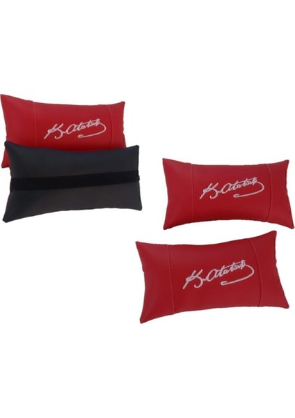 Atatürk Imzası 2'li Set Kırmızı Deri Oto Koltuk Boyun Yastığı Araba Araç Seyahat Koltuk Yastık. Suni