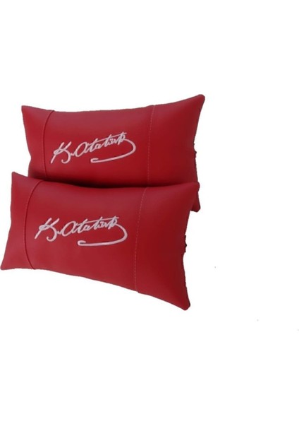 Atatürk Imzası 2'li Set Kırmızı Deri Oto Koltuk Boyun Yastığı Araba Araç Seyahat Koltuk Yastık. Suni modelleri