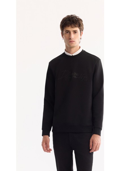 Erkek Siyah Bisiklet Yaka Pamuklu Bi-Stretch Baskılı Regular Fit Sweatshirt A52Y1264