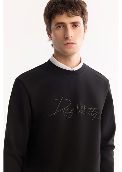 Erkek Siyah Bisiklet Yaka Pamuklu Bi-Stretch Baskılı Regular Fit Sweatshirt A52Y1264