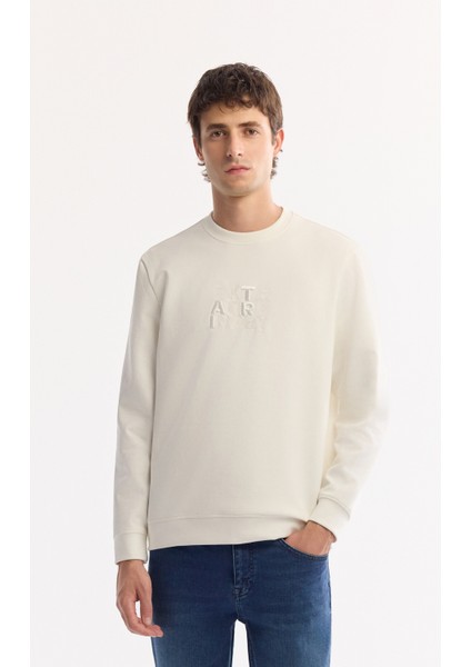 Erkek Ekru Bisiklet Yaka Pamuklu Bi-Stretch Baskılı Regular Fit Sweatshirt A52Y1247