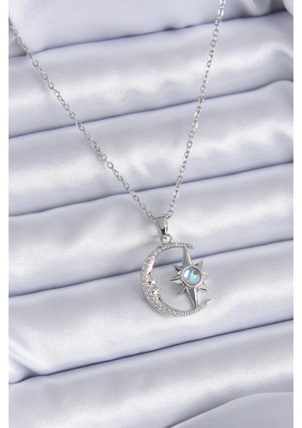 316L Çelik Gümüş Renk Zirkon Taşlı Ay Yıldız Model Kadın Kolye - TJ-BKO7689