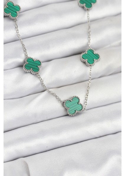 316L Çelik Zincir Gümüş Renk Yeşil Yonca Kadın Kolye - TJ-BKO10568