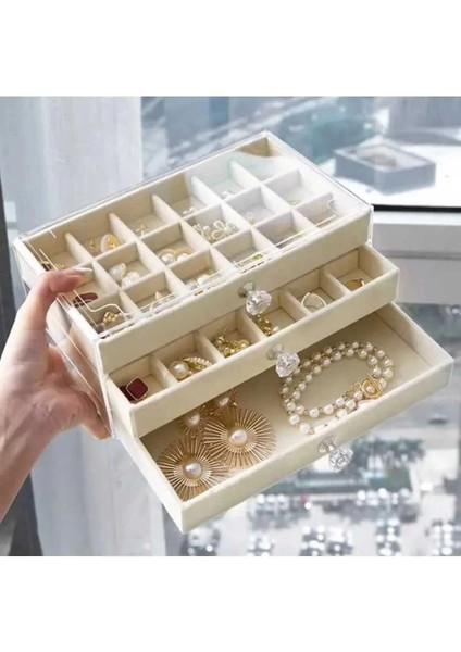 3 Çekmeceli Bölmeli Şeffaf Kadife Mücevher Takı Kutusu Küpe Yüzük Kolye Düzenleyici Organizer