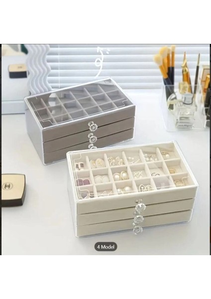 3 Çekmeceli Bölmeli Şeffaf Kadife Mücevher Takı Kutusu Küpe Yüzük Kolye Düzenleyici Organizer fırsatları
