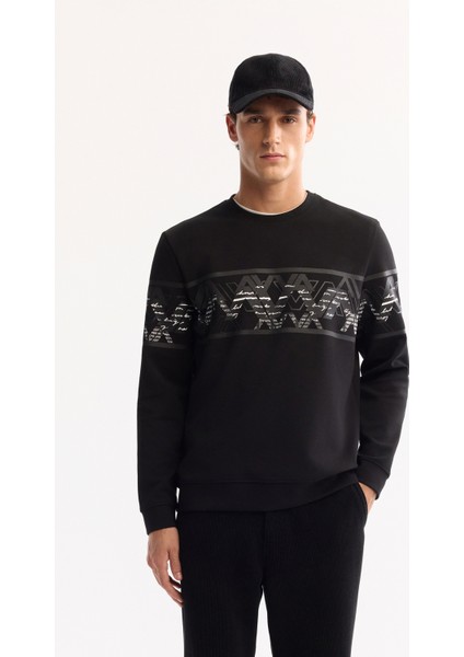 Erkek Siyah Bisiklet Yaka Pamuklu Bi-Stretch Baskılı Regular Fit Sweatshirt A52Y1256