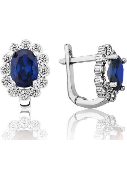 Gümüş Mavi Çiçek Desenli J Kadın Küpe