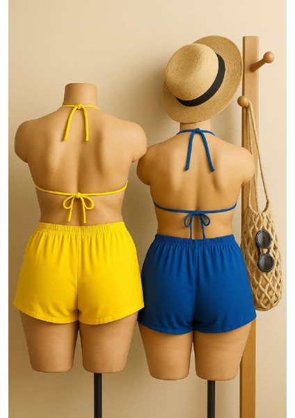 Kadın Sarı ve Mavi Şortlu Belden ve Boyundan Bağlamalı Bikini Takımı - Modern, Konforlu ve Günlük Kombinlere Uygun fiyatları