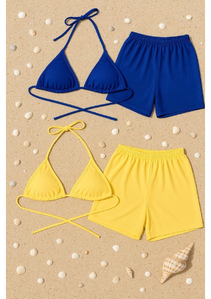 Kadın Sarı ve Mavi Şortlu Belden ve Boyundan Bağlamalı Bikini Takımı - Modern, Konforlu ve Günlük Kombinlere Uygun modelleri