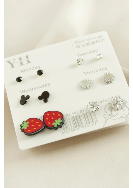 12 Adet Çilek Metal Taşlı Küpe