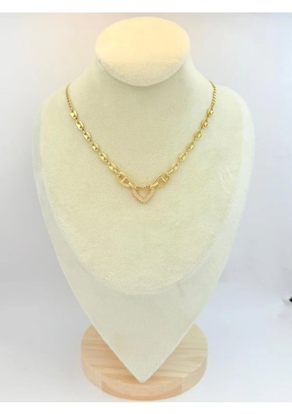 Zirkon Taş Kalpli Halka Detaylı Gold Renk Çelik Kolye