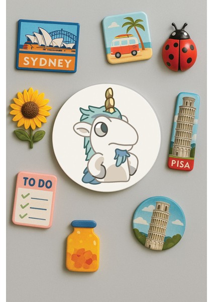 Modern ve Dekoratif Yuvarlak Buzdolabı Magneti Magnet Büyük Boy 10X10 cm - Unicornpattern