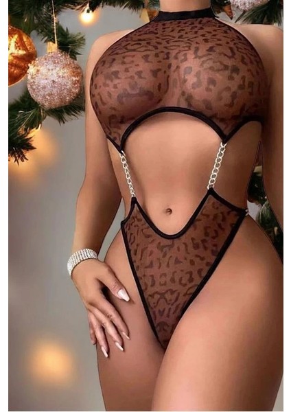Transparan Leopar Desenli Zincir Detaylı Fantezi Body