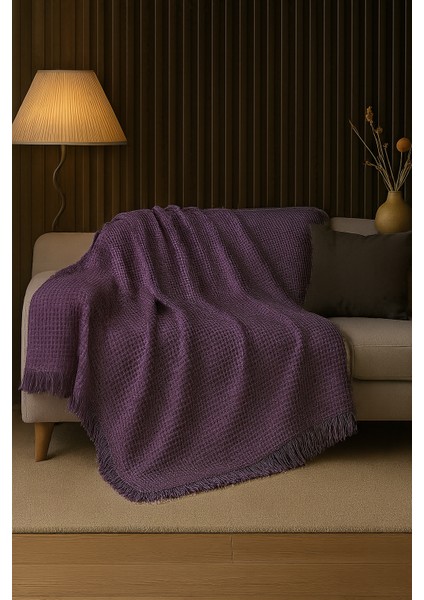 Pamuklu Dokulu Ekru Koltuk Şalı 170X220 cm – Saçaklı Tv Battaniyesi & Dekoratif Koltuk Örtüsü