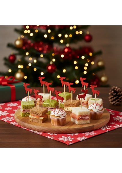 12 Adet Kırmızı Ren Geyiği Ahşap Kürdan Seti - Yılbaşı Cupcake, Kanepe ve Parti Sunum Çubuğu