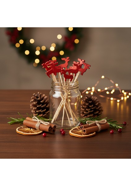 12 Adet Kırmızı Ren Geyiği Ahşap Kürdan Seti - Yılbaşı Cupcake, Kanepe ve Parti Sunum Çubuğu fiyatları