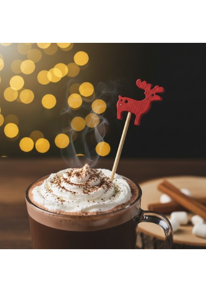 12 Adet Kırmızı Ren Geyiği Ahşap Kürdan Seti - Yılbaşı Cupcake, Kanepe ve Parti Sunum Çubuğu modelleri