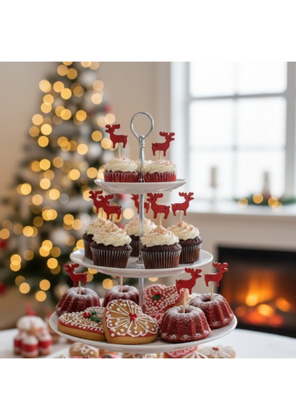 12 Adet Kırmızı Ren Geyiği Ahşap Kürdan Seti - Yılbaşı Cupcake, Kanepe ve Parti Sunum Çubuğu fırsatları