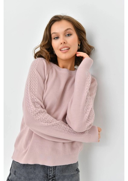 Kadın Kazak Kolları Delikli Ince Triko Kazak Pudra - 10616