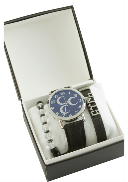 3 Hilal Kayışlı Erkek Kol Saati ve Kutulu Bileklik Kombini