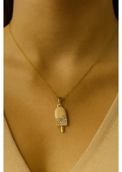 Beyaz Taşlı Dondurma Çelik Kolye