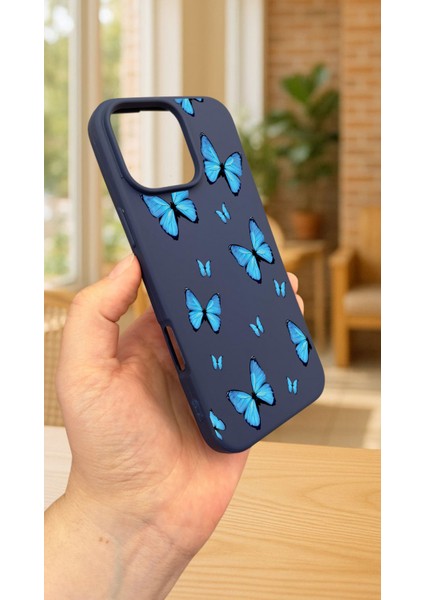 iPhone 16 Pro Max -Mavi Kelebek Desenli Silikon Darbe Emici Klasik Korumalı Rubber Kılıf modelleri