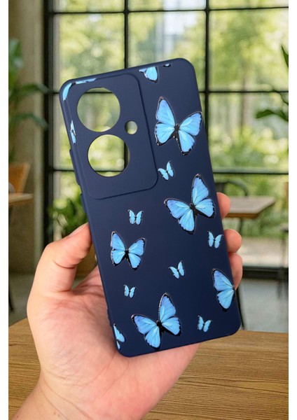 Oppo Reno 11F Uyumlu Mavi Kelebek Desenli Silikon Darbe Emici Klasik Korumalı Rubber Kılıf