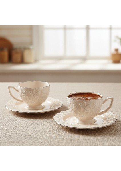 Rosen Kabartma Vintage Platin Model 6 Kişilik Porselen Krem Kahve Fincan Takımı – 100 Ml.