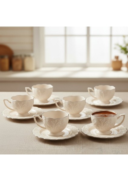 Rosen Kabartma Vintage Platin Model 6 Kişilik Porselen Krem Kahve Fincan Takımı – 100 Ml. modelleri