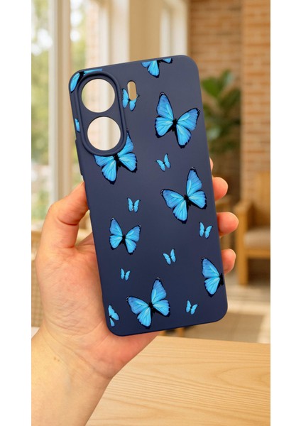 Redmi 13C-MAVİ Kelebek Desenli Lansman Kamera Korumalı Yumuşak Silikon Rubber Kılıf