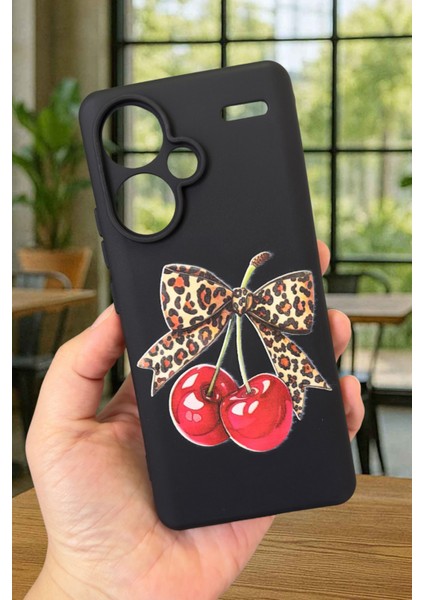 Redmi Note 13 Pro Plus Kiraz Leopar Fiyonk Desenli Silikon Darbe Emici Rubber Kılıf