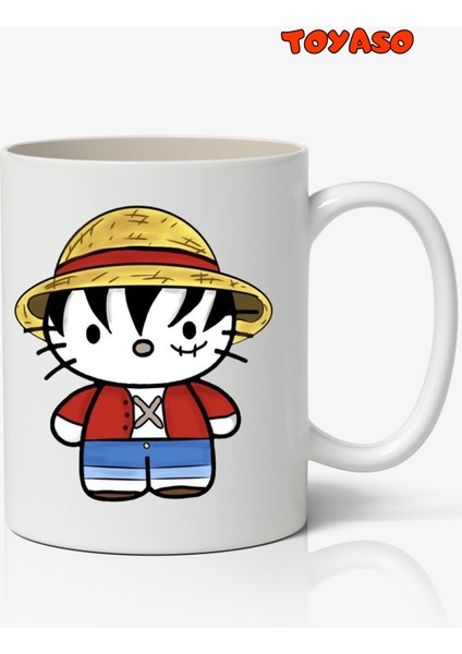 Hasır Şapkalı Luffy Hello Kitty One Piece Temalı Anime Beyaz Kupa Bardak Sevgiliye Arkadaşa Hediye