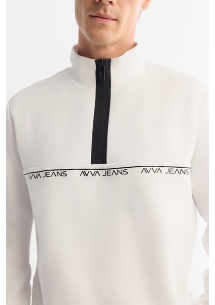 Erkek Ekru Dik Yaka Fermuarlı Baskılı Pamuklu Regular Fit Sweatshirt A42Y1367