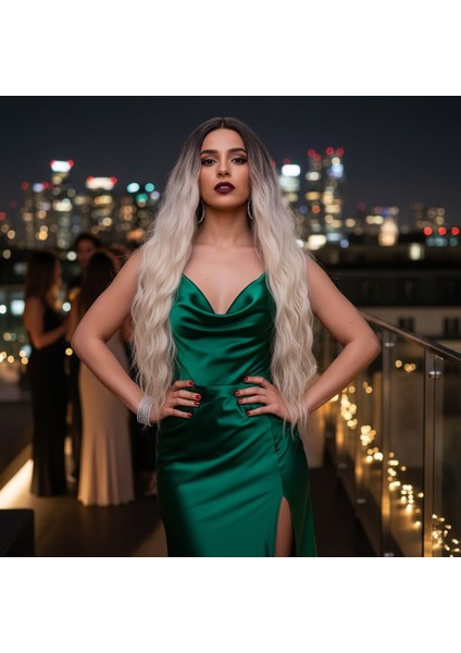 Fiber Sentetik Uzun Su Dalgası Peruk / Kahve / Platin Ombreli