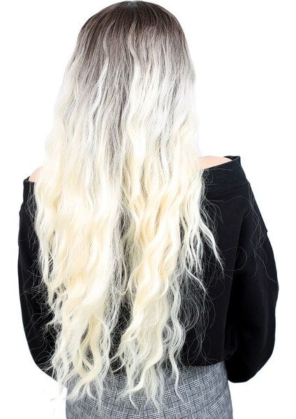 Fiber Sentetik Uzun Su Dalgası Peruk / Kahve / Platin Ombreli indirimleri