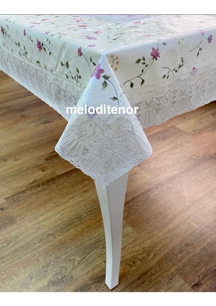 Meiwa Astarlı Lüks Dantelli Küçük Çiçekli Pvc Dikdörtgen Muşamba Masa Örtüsü