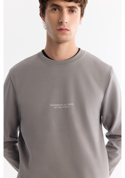Erkek Gri Bisiklet Yaka Pamuklu Baskılı Elastan Regular Fit Sweatshirt A42Y1313