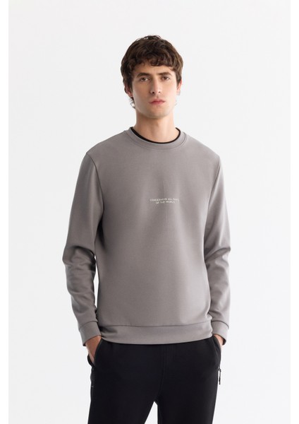 Erkek Gri Bisiklet Yaka Pamuklu Baskılı Elastan Regular Fit Sweatshirt A42Y1313