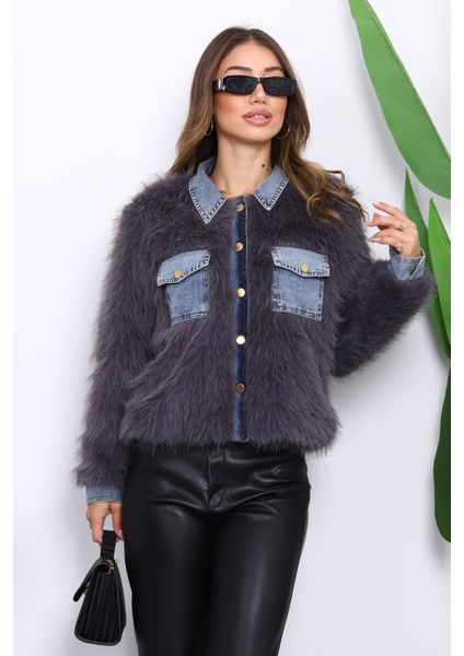 Füme Kot Detaylı Cepli Kürk Ceket